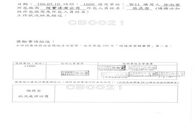 三軍總醫院W11病房於106年5月10日開立優良工作反應單