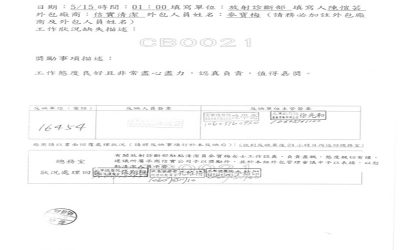 三軍總醫院放射診斷部於106年5月15日開立優良工作反應單